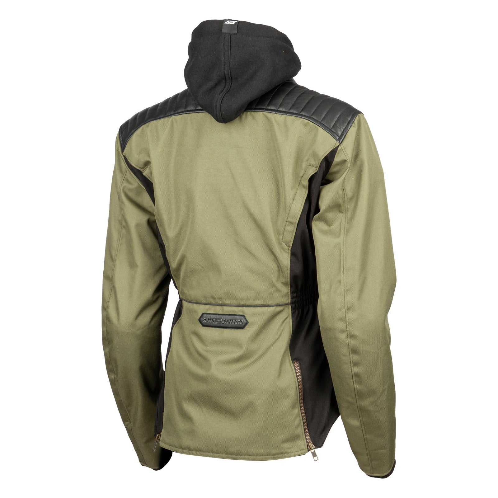 Olive motorcycle jacket with black leather accents on a white background