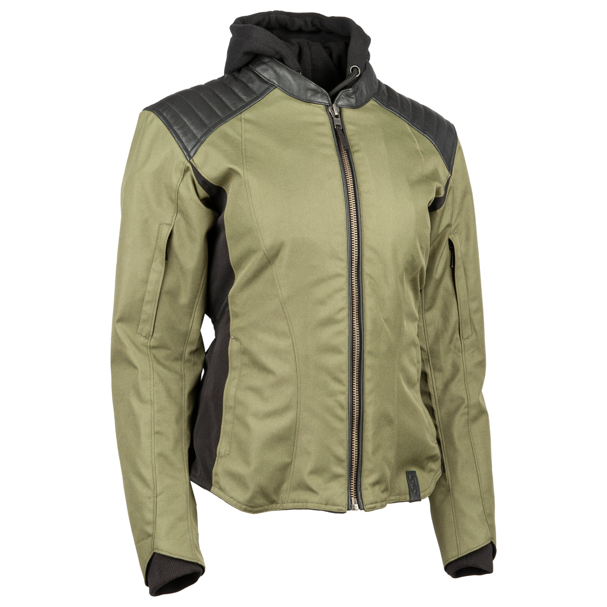 Olive motorcycle jacket with black leather accents on a white background