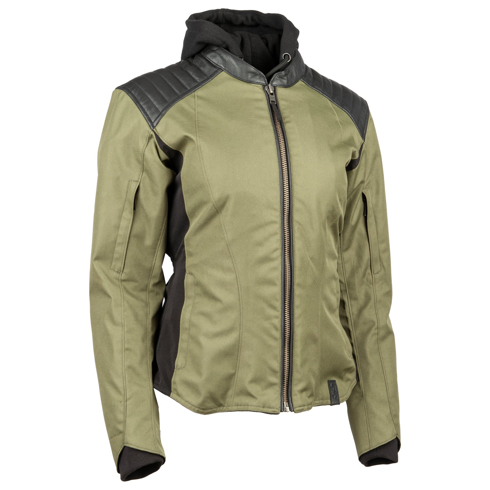 Olive motorcycle jacket with black leather accents on a white background