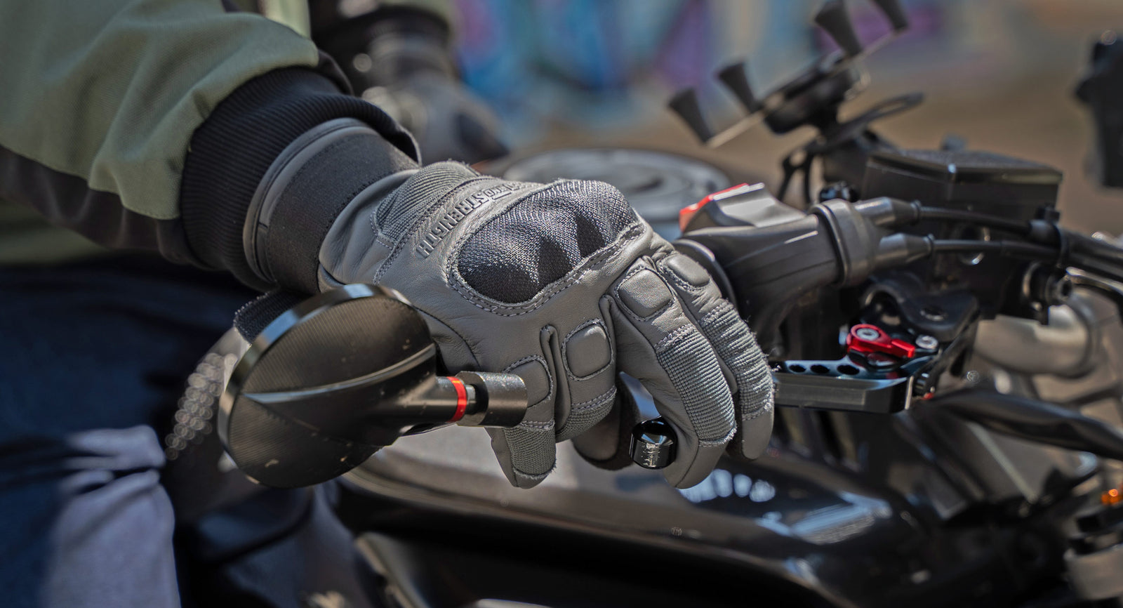 Speed-and-Strength-Canada Dogs-of-War Grey Leather Motorcycle Glove Lifestyle