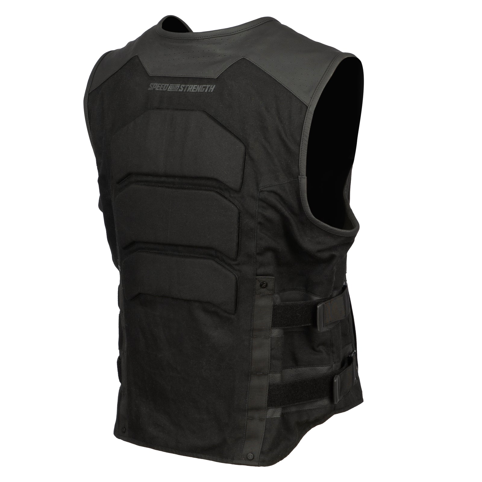 Black tactical vest with multiple pockets and a zipper on a white background