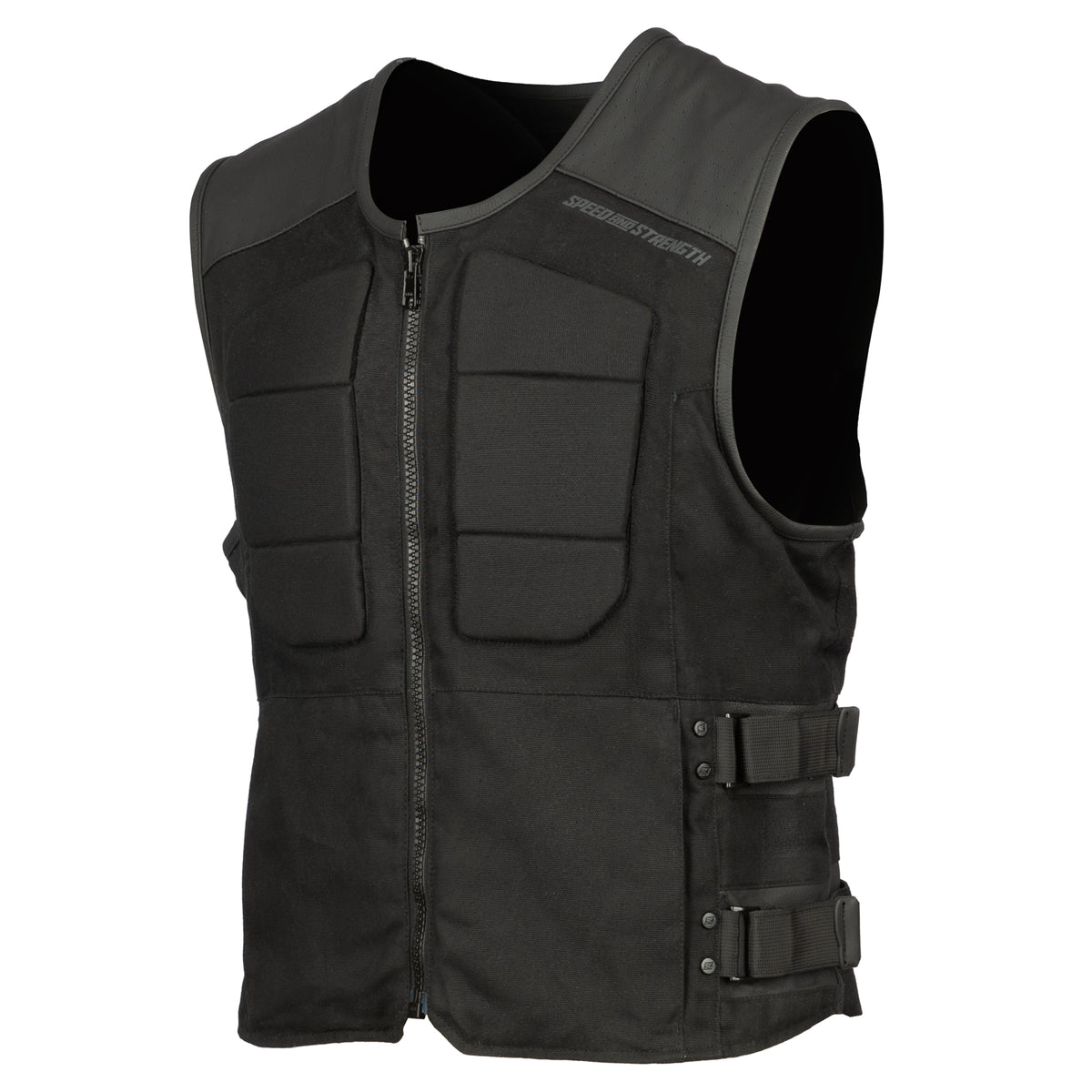 Black tactical vest with multiple pockets and a zipper on a white background