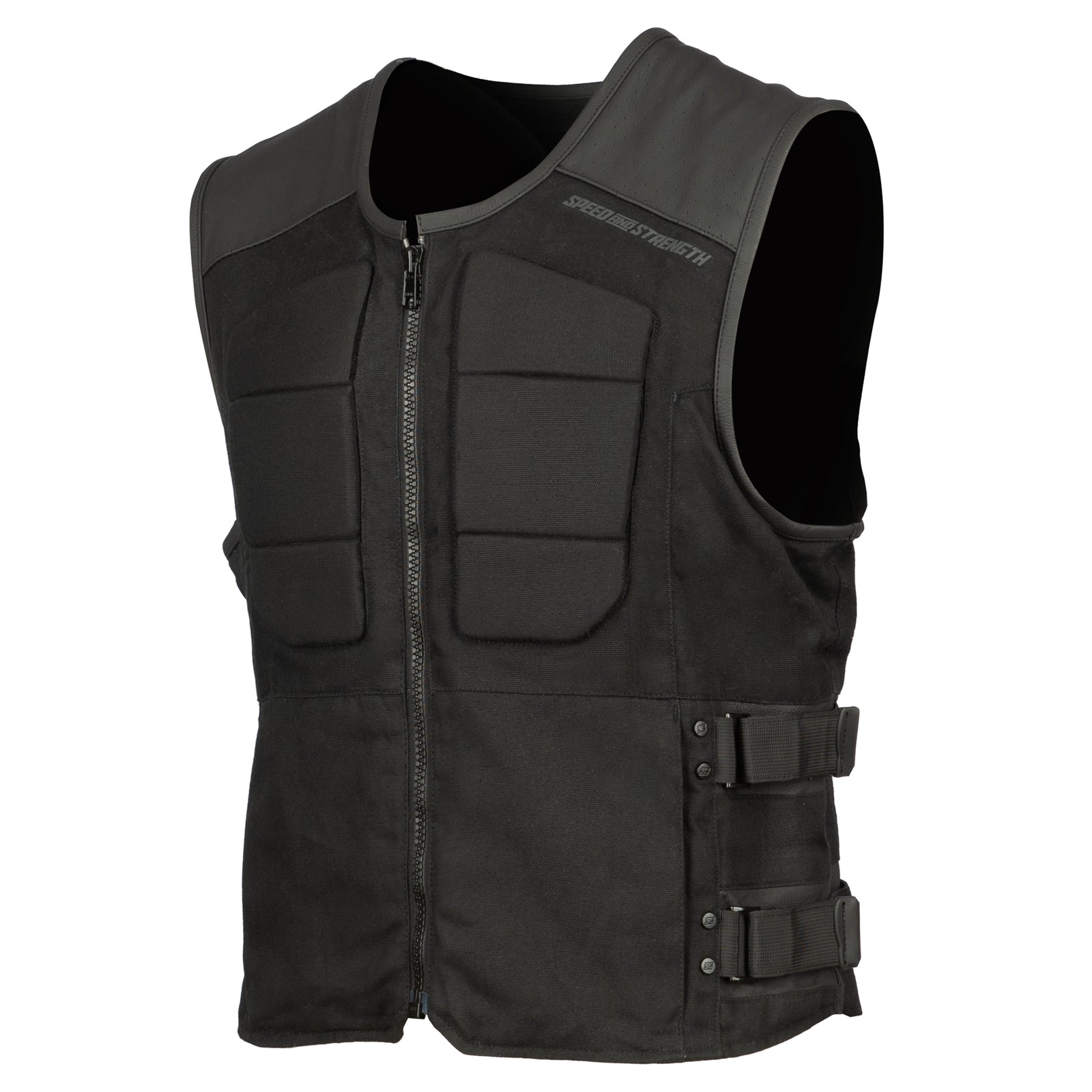Black tactical vest with multiple pockets and a zipper on a white background